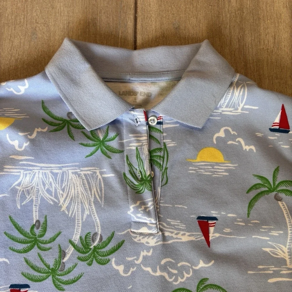 Lands End Shirt Women S Blue Sailboat‎ Palm AOP Short Sleeve Stretch Golf Polo